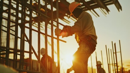 A construction worker secures rebar with a sunset backdrop, highlighting the blend of human effort and structural development.