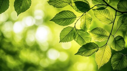 The silhouette of tree leaves against a bright, vibrant green background of out-of-focus forest.