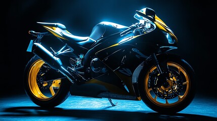 A black sportbike with gold wheels in a studio setting with blue lights.