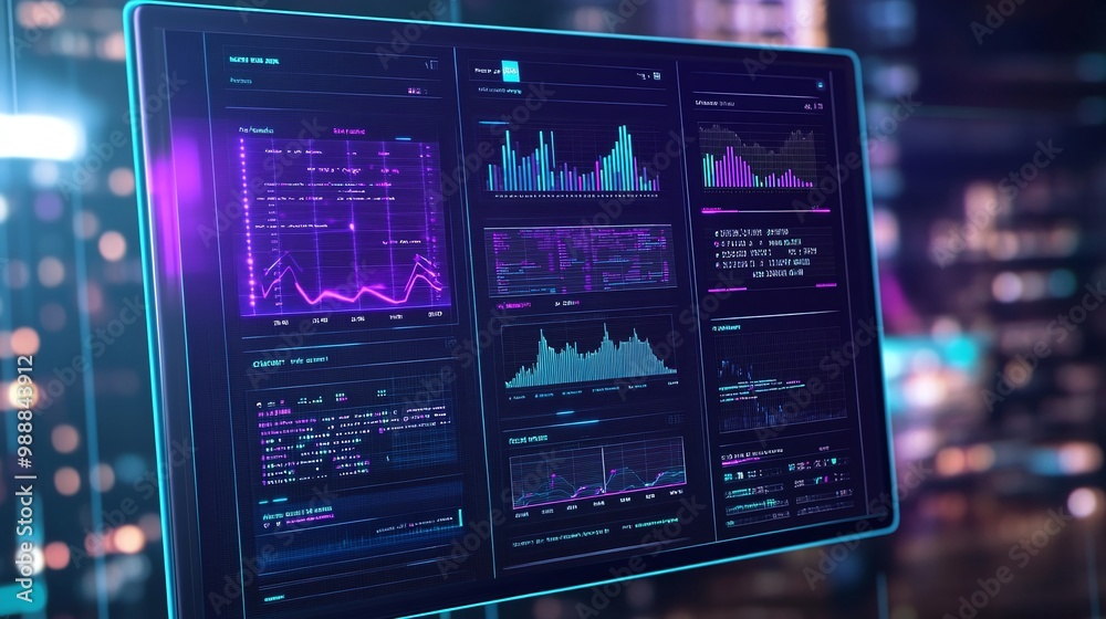 Poster futuristic data analytics display with graphs and charts.