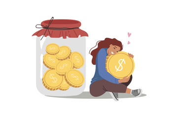 Woman saves and accumulates money to achieve financial security, sits near large jar of coins. Girl cares about financial security and stability, wanting to be confident in own future © aprint22com