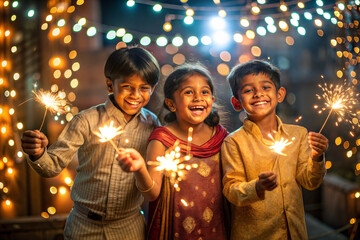 Indian children celebrating Diwali with sparklers. Diwali Indian festival of lights and happines. 