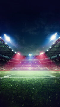 Vertical image. 3D render of brightly lit American football stadium with packed fan tribune, yellow goal post in center, illuminated by pink and blue lights. Sport, tournament, championship, game