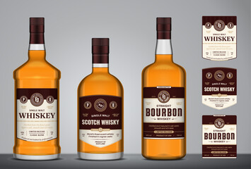 Whiskey, bourbon and scotch whisky labels and glass bottle mockups