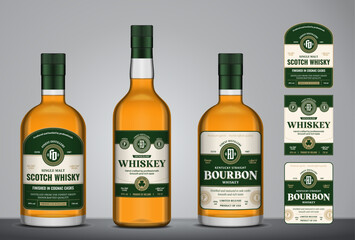 Whiskey, bourbon and scotch whisky labels and glass bottle mockups