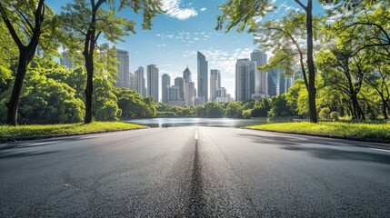 Spring City Road. Modern City Skyline with Central Park, Bright Buildings and Downtown Architecture