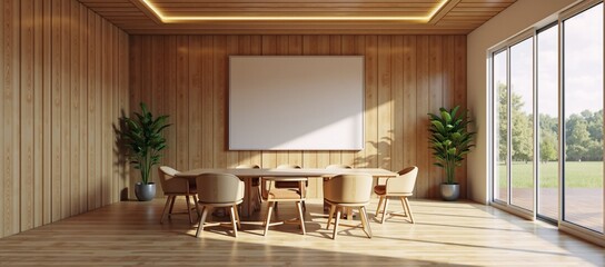 A conference room with a wooden table and chairs.