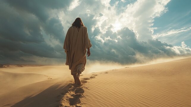 spiritual journey of jesus walking over sand dunes under a white cloudy sky near jerusalem showcasing a peaceful religious landscape full of serenity faith reflection and calm desert solitude