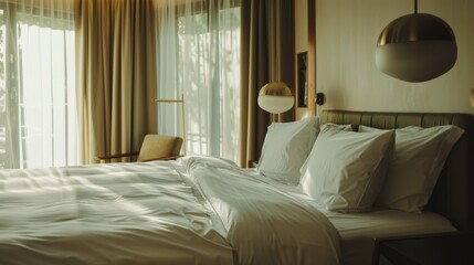A luxurious bedroom with soft, white bedding and plush pillows, bathed in the warm glow of the evening sun sneaking through large windows with sheer drapes.