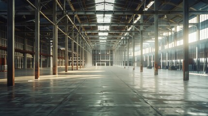 An empty industrial warehouse with light pouring in from high windows creating an airy, spacious feel.