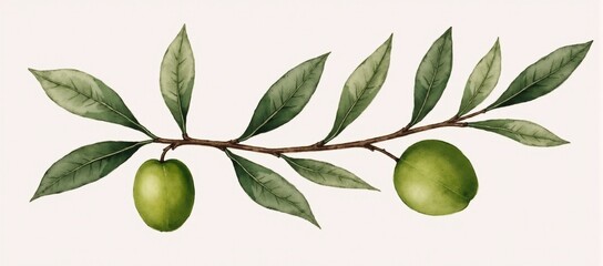 A branch of a tree with green fruit and leaves.