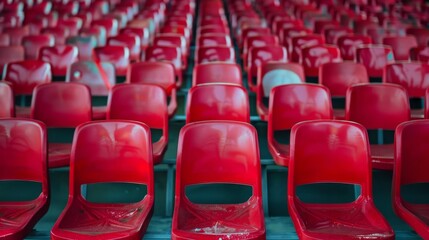 Obraz premium Rows of empty red chairs symmetrically aligned, evoking imagery of a peaceful, yet expectant, public gathering space.