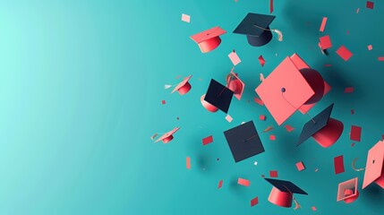 Colorful graduation hats and confetti create a joyful celebration atmosphere, perfect for graduation milestones and achievements.