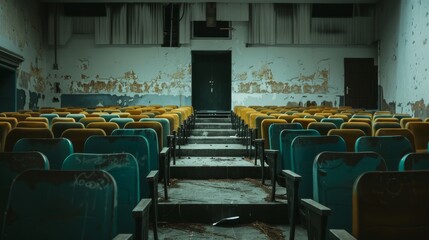 Naklejka premium A dimly lit, abandoned theater with rows of colorful seats depicting an eerie sense of loneliness and history left behind.
