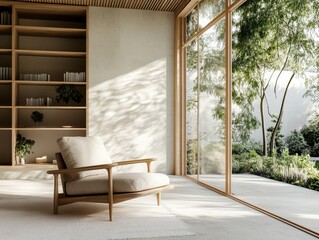 Obraz premium A chair is in a room with a window. The chair is white and wooden. There is a bookcase in the room