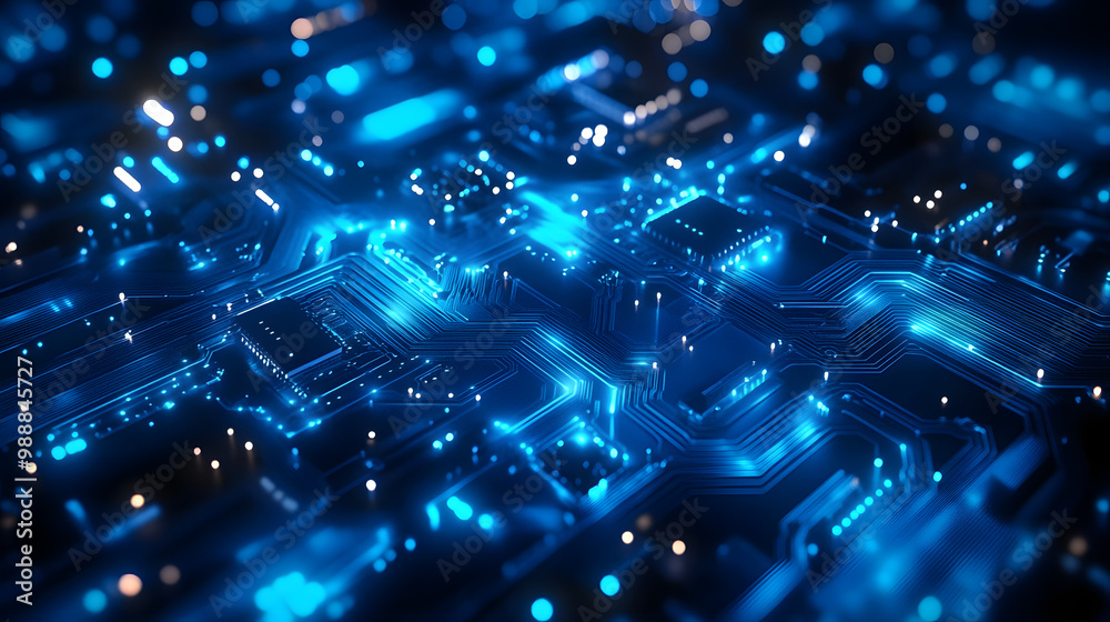 Poster futuristic blue circuit board design illustrating quantum computer technologies with flowing waves, 