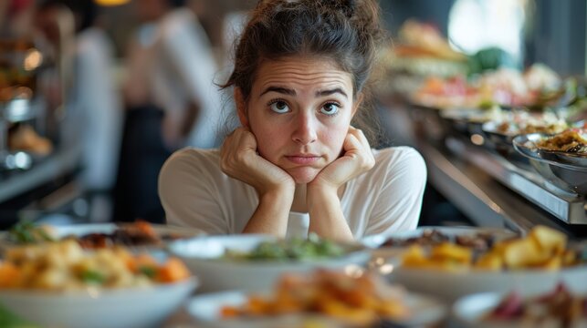 a person with a thoughtful expression, standing in front of a buffet, depicting the mental process of deciding to abstain
