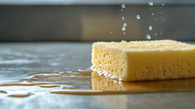 a sponge soaking up spilled liquid on a kitchen counter, illustrating high absorbent capacity