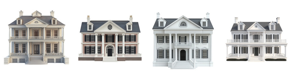 Obraz premium Collection of elegant houses showcasing various architectural styles, perfect for design and real estate projects. on transparent cutout, PNG file