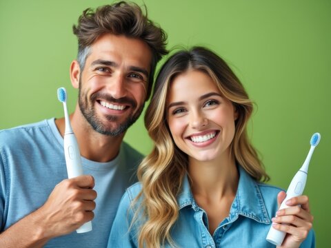 Smiling couple holding electric toothbrushes, promoting dental hygiene and oral care, close-up portrait of man and woman with healthy smiles against green background

