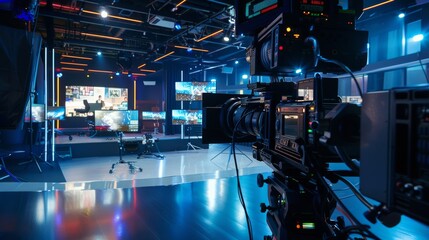 Inside a high-tech studio, cameras and monitors are poised to capture the action, with soft blue lighting setting a professional and dynamic mood.