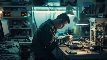 A person concentrating on fine electronic components under warm light in a lab, surrounded by various tools and equipment, embodying intricate craftsmanship.