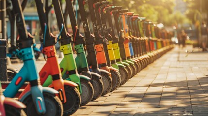 A vibrant line-up of colorful electric scooters organized neatly on a sunlit street, exuding an urban energy and modern transport solution.