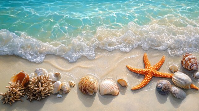 beach shoreline with clear blue water washing over white sand, seashells, coral fragments, and a bright orange starfish scattered, capturing the peaceful beauty of nature