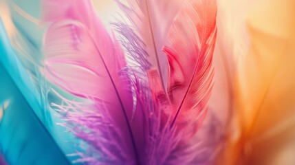 Obraz premium A close-up shot of delicate, colorful feathers in soft pinks, blues, and oranges captured with a dreamy, ethereal quality.
