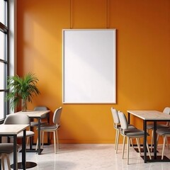 A dining room with orange walls and white tables.