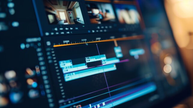 A close-up of a video editing software interface on a computer screen, showing multiple layers and timelines during a project.