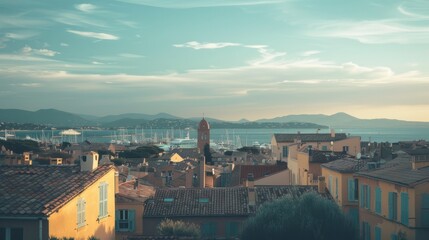 Obraz premium A picturesque coastal town with charming rooftops, sailboats in the harbor, and mountains in the background under a serene blue sky, capturing a tranquil essence.