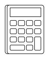 Black and white line drawing of a calculator with a rectangular screen and 17 buttons. Ideal for education, finance, technology, mathematics, office supplies. Minimalist cartoon style.