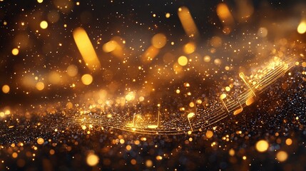 Naklejka premium abstract musical art featuring a magical golden background adorned with sparkling bokeh lights, crafting a vibrant and atmospheric design that resonates with the beauty of music and creativity