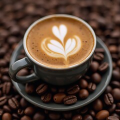 Obraz premium A cup of coffee on a saucer surrounded by coffee beans.