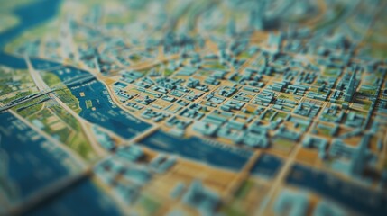 Naklejka premium A close-up view of a city map, with a focus on its intricate network of streets and locations.