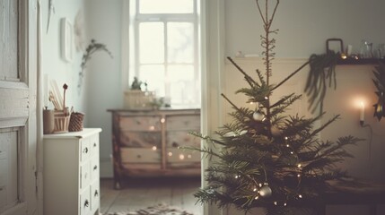 A minimalist living room features a small, simply decorated Christmas tree, softly lit by natural daylight, conveying a serene holiday spirit.