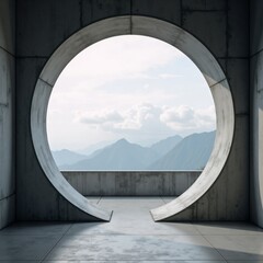 Fototapeta premium A circular window in a concrete wall with a view of mountains.