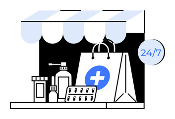 Fototapeta premium Pharmacy products under an awning, including a shopping bag with a medical cross. Ideal for online pharmacy, healthcare, medication delivery, 24 7 services, and telemedicine. Modern, flat