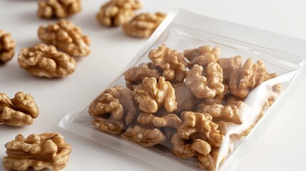 A transparent resealable pouch of walnuts with bold branding, set against a white backdrop, representing modern and practical nut packaging.