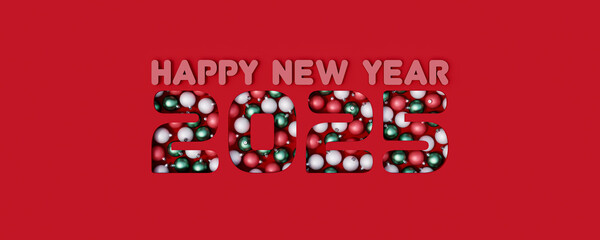 Happy New Year 2025 text cut on red background and filled with colorful Christmas balls 3d render 3d illustration	