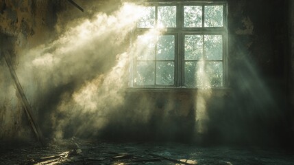 Obraz premium soft sunlight filtering through the window of an abandoned room, filling the space with glowing dust particles and shadows, creating a mystical atmosphere of peace, solitude, and haunting beauty