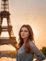 Young beautiful girl against the background of the Eiffel Tower.