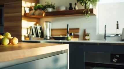 A modern kitchen with sunlit countertops, fresh fruits, and well-organized shelves sporting a blend of contemporary and rustic elements.