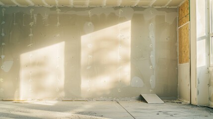 An under-construction room with exposed drywall bathed in natural sunlight filtering through exterior openings, portraying a work-in-progress ambiance.