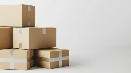 Fototapeta premium Several cardboard boxes of uniform size, stacked neatly with taped seals, placed on a plain white background, emphasizing shipping efficiency.