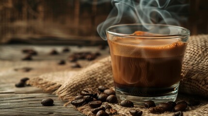 A steaming glass of coffee on a rustic wooden table, with coffee beans scattered around and a burlap sack in the background.