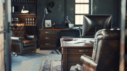 Fototapeta premium A luxurious home office, featuring vintage leather chairs, a large wooden desk, and tasteful decor, bathed in natural light from a window.
