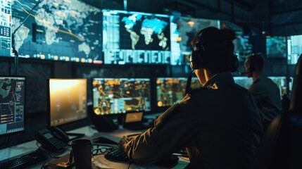 Obraz premium A bustling control room filled with monitors displaying maps and data, where operators work diligently amidst the glow of screens and mission control ambiance.
