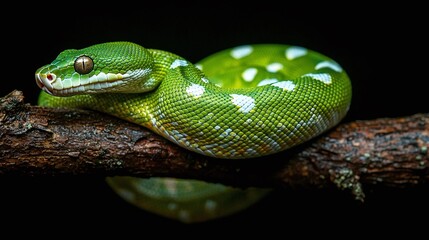 Obraz premium mesmerizing green python viper snake resting coiled on a branch with a dark backdrop, representing the elegance of nature and the beauty of wildlife, perfect for those fascinated by exotic reptiles